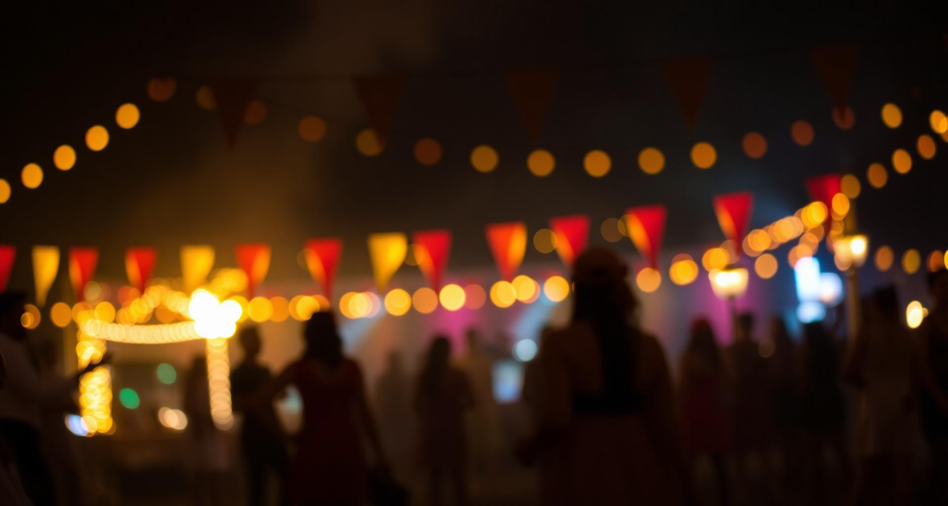 Festa junina elegante ao entardecer com lanternas e mesas decoradas